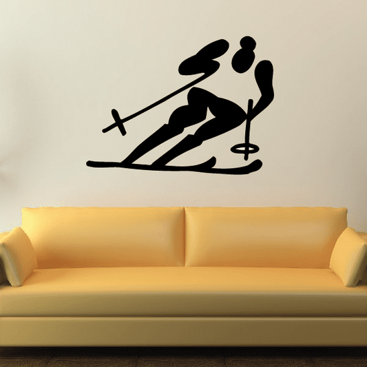 Skiing wall decal vinyl sticker with black skier silhouette, skis and pole visible