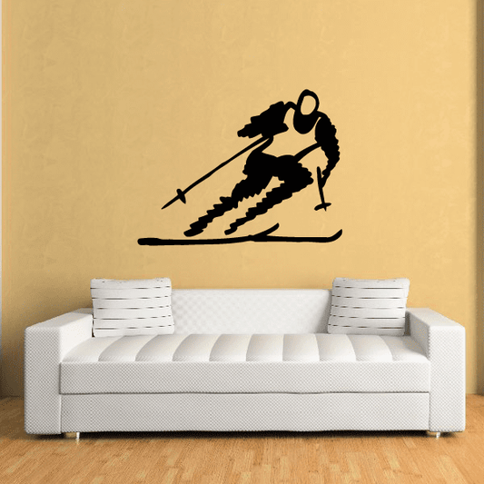 Skiing wall decal with black skier silhouette sliding on a slope