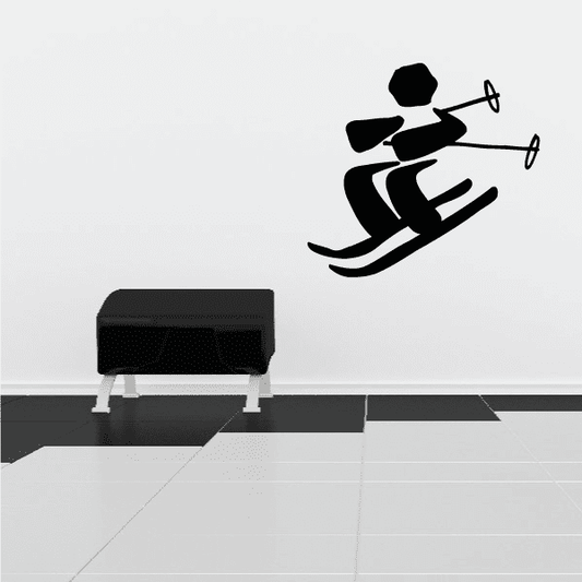 Skiing wall decal vinyl sticker with black skier silhouette and skis