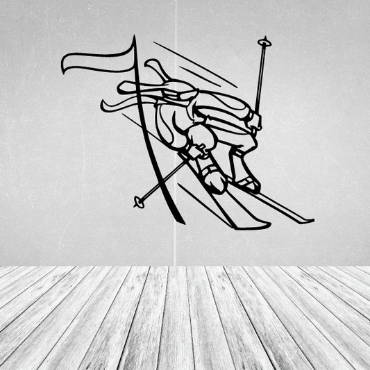 Skiing wall decal of a skier in action with skis and poles, black outline design