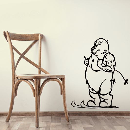 Skiing animal wall decal, black vinyl outline with skis and poles