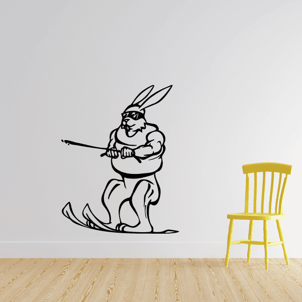 Skiing rabbit wall decal vinyl, black outline hare holding skis and poles