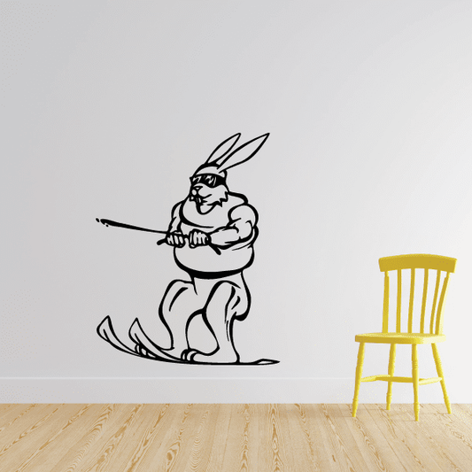 Skiing rabbit wall decal vinyl, black outline hare holding skis and poles