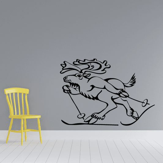 Skiing animal vinyl wall decal with black outline and gray figure, pulling skis