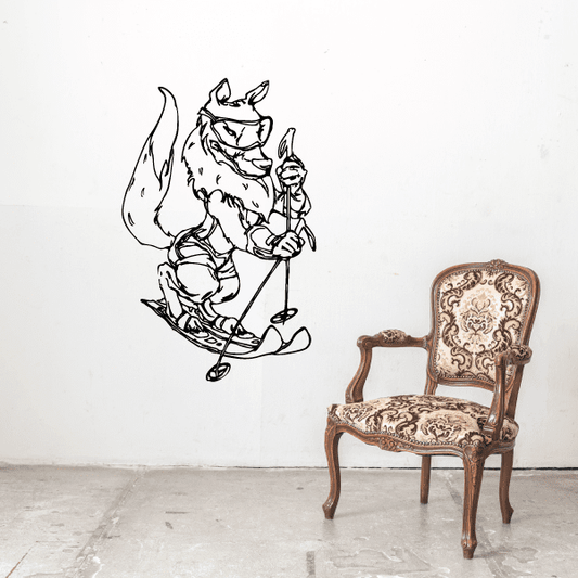 Skiing vinyl wall decal of a cartoon skier holding poles, black line art.