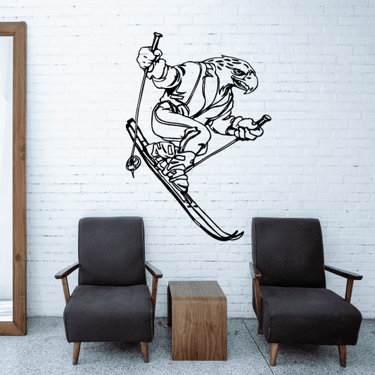 Skiing wall decal with a stylized skier in action, holding ski poles