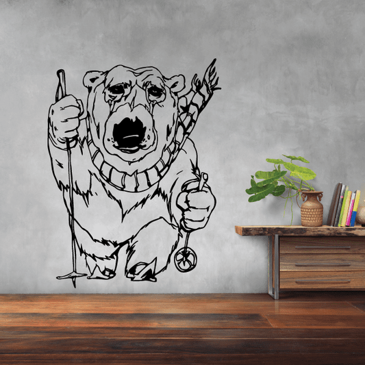Skiing dog wall decal, black outline with skis and poles, vinyl sticker