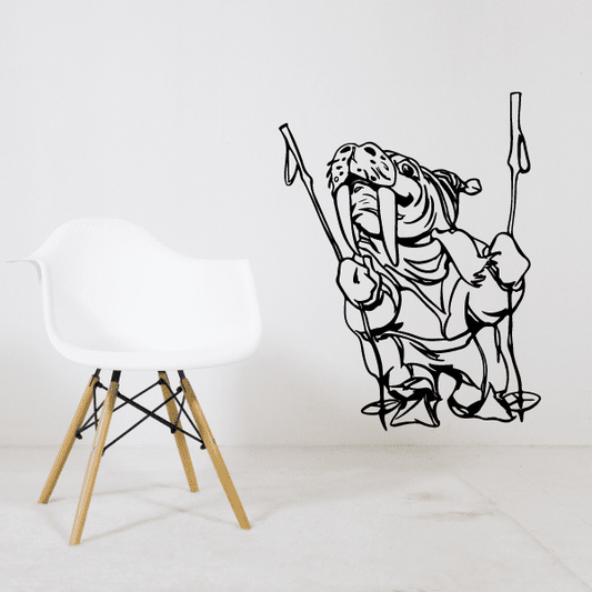 Skiing wall decal vinyl sticker with cartoon skier figure and skis