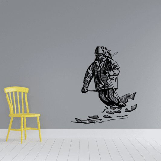 Skiing vinyl wall decal with black skier graphic on skis, dynamic pose