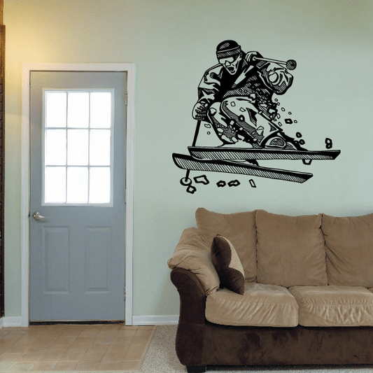 Skiing wall decal vinyl sticker of a skier on a board, black