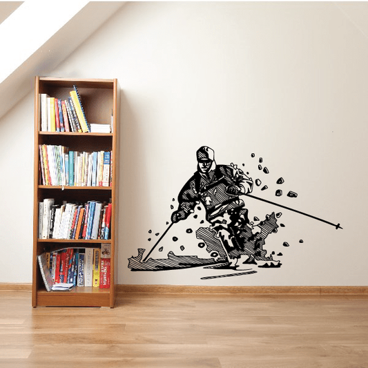 Skiing wall decal: black skier carving on snow with powder splashes and trail.