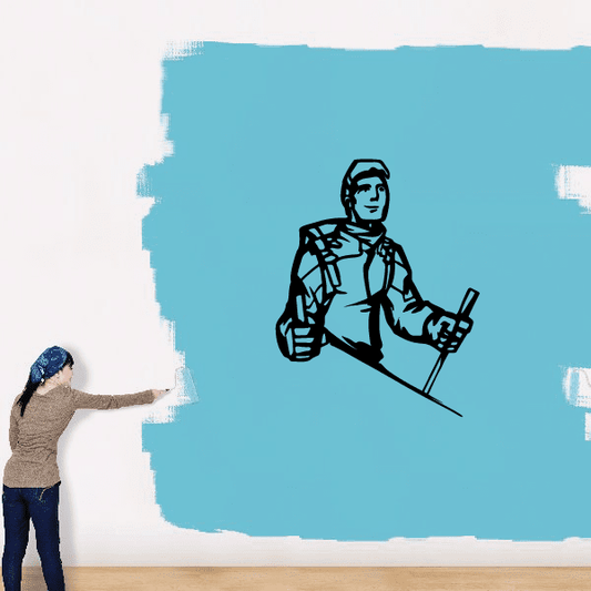 Skiing wall decal vinyl with black cartoon skier holding ski poles on blue