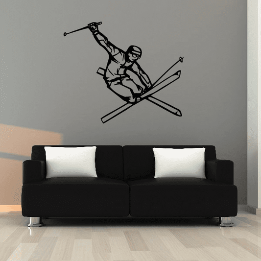 Skiing wall decal vinyl: black skier on crossed skis silhouette