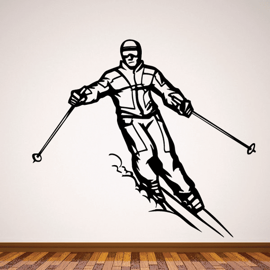 Skiing wall decal of a black skier with skis and poles