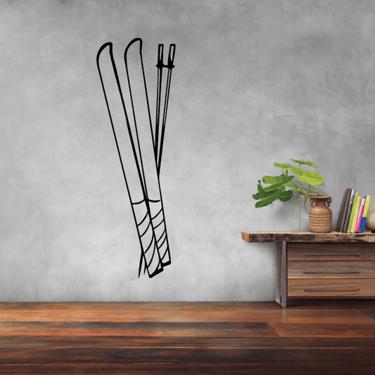 Skiing wall decal vinyl sticker showing two skis with cross-hatched bindings