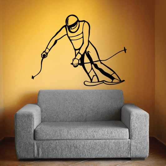 Skiing wall decal with black line-art skier in crouch pose