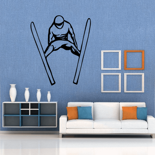 Skiing wall decal vinyl sticker with black skier holding skis