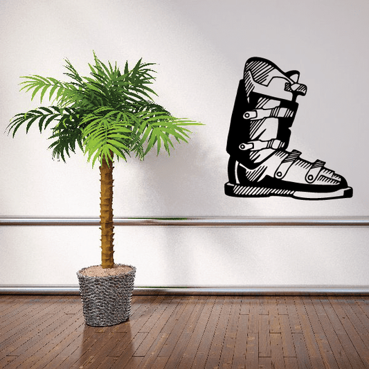 Ski boot wall decal in black vinyl, shaped like a winter boot