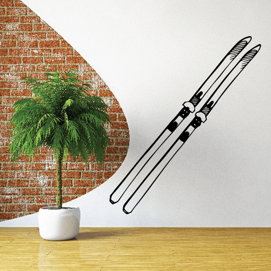 Ski wall decal featuring black skis with mounting bindings, vinyl sticker