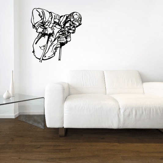 Skiing wall vinyl decal featuring a skiwear character silhouette