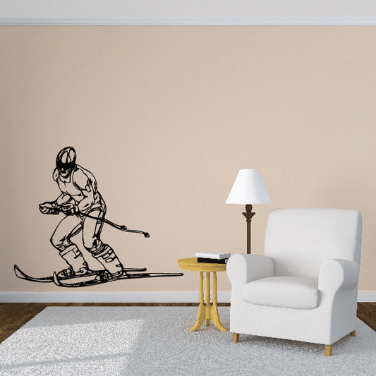 Skiing wall decal of a black outline skier with skis