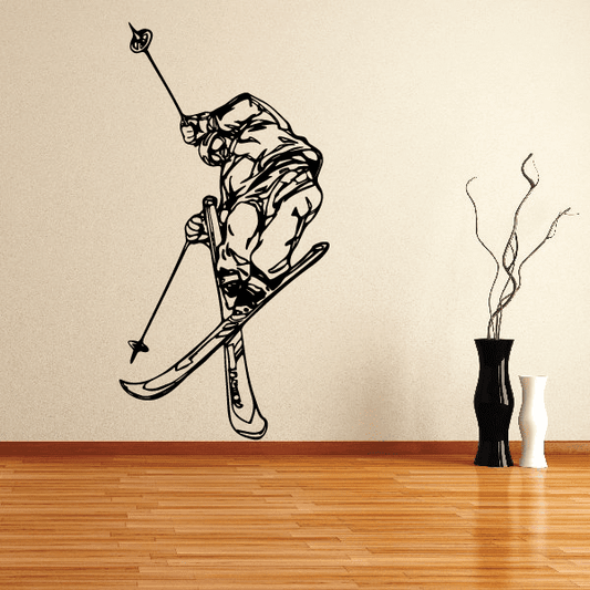 Skiing wall decal vinyl sticker of skier silhouette with skis and pole