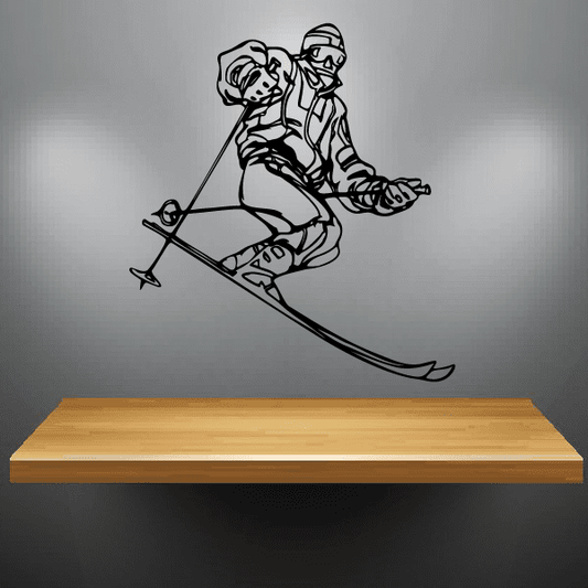 Skiing wall decal with line-art skier on skis and poles