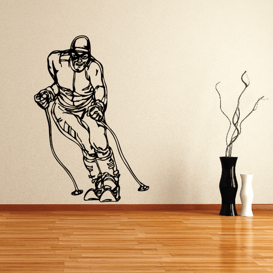 Skiing wall decal vinyl with a black line-art skier figure in a standing pose