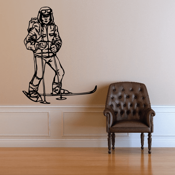 Skiing wall decal of a seated skier in black line art