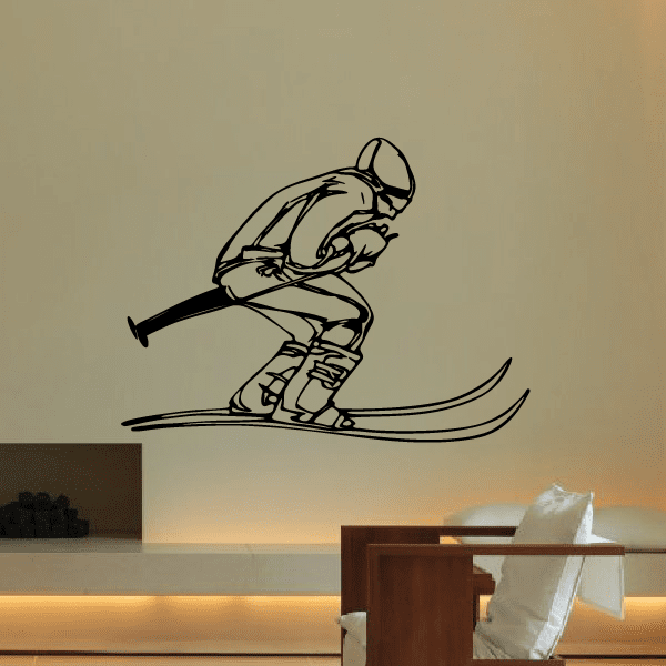 Ski wall decal vinyl sticker featuring an outlined skier on skis