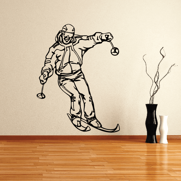 Skiing wall decal vinyl sticker with black outline skier mid-descent and ski poles