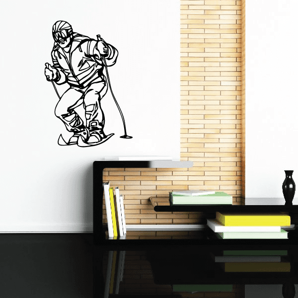 Skiing wall decal vinyl sticker, black outline skier with poles and boots