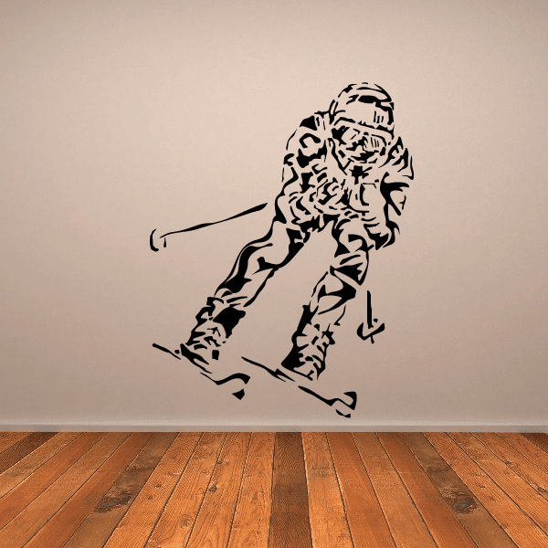 Skiing wall decal vinyl sticker of a black skier figure in mid-slide