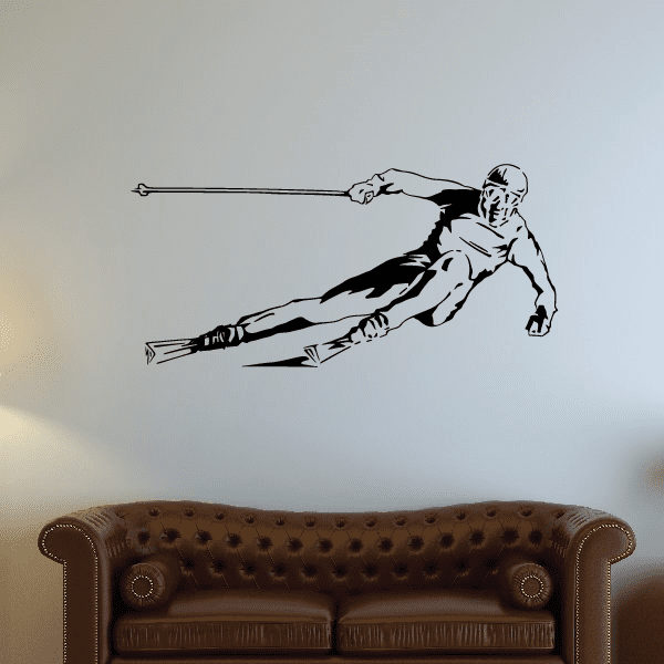 Skiing wall decal vinyl sticker with skier in side pose, black outline