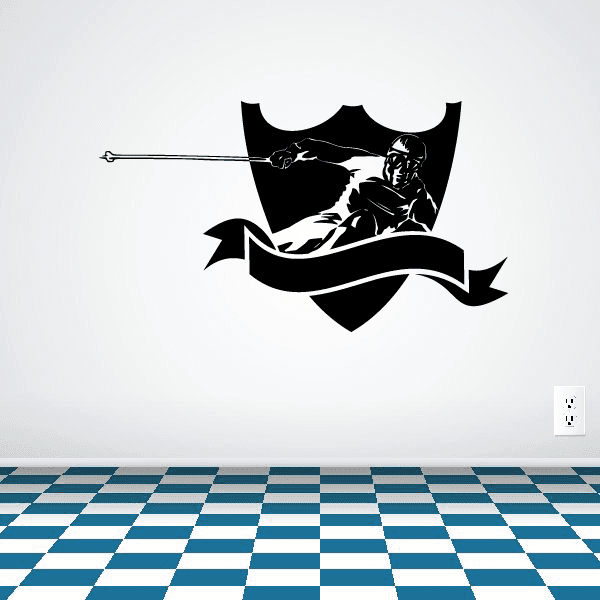 Skiing wall decal with black skier silhouette holding ski pole on banner shape