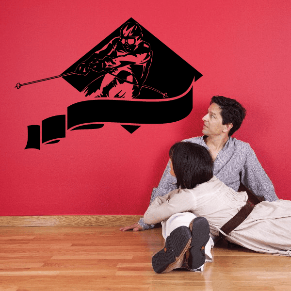 Skiing wall vinyl decal with skier silhouette holding ski poles, black graphic