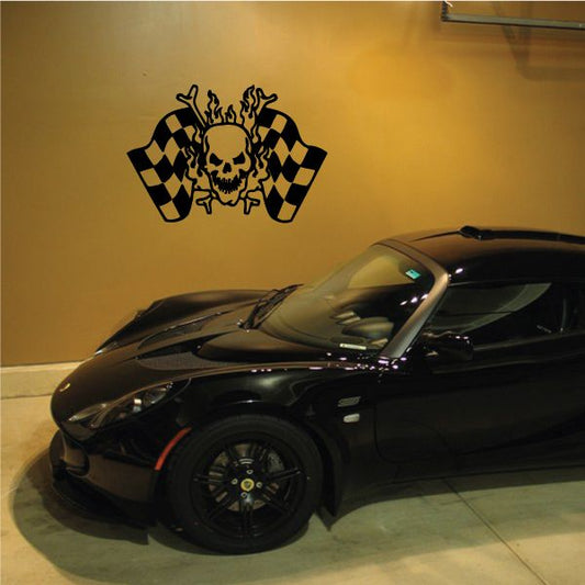 Skull and crossed checkered flag vinyl decal sticker