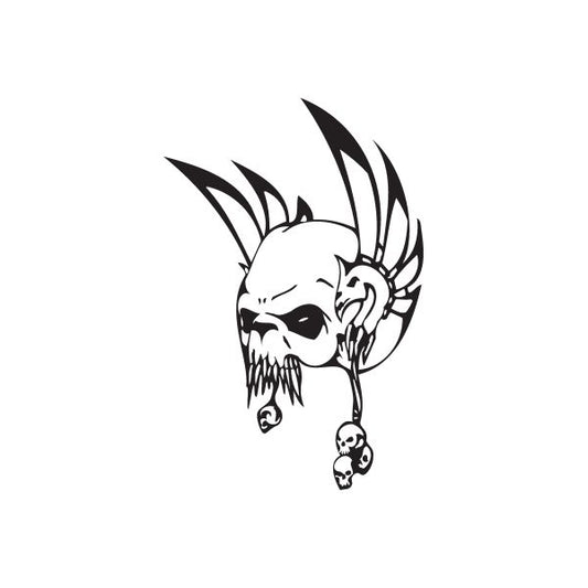 Skull wall decal in black and white with flame-like horns and hanging pendant
