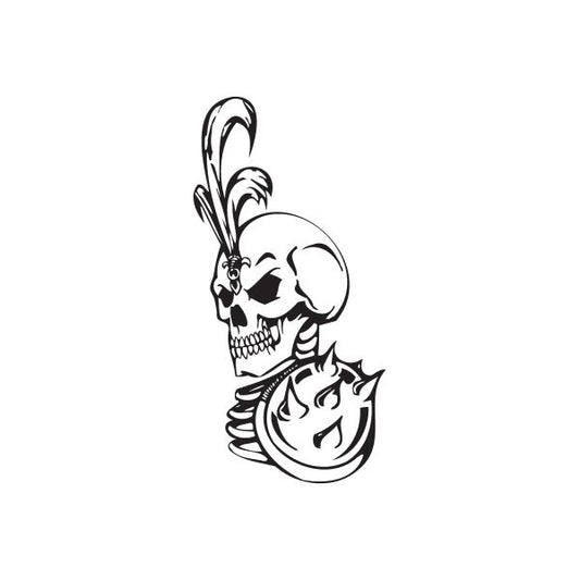 Skull wall decal, black vinyl with stylized skull and flame details