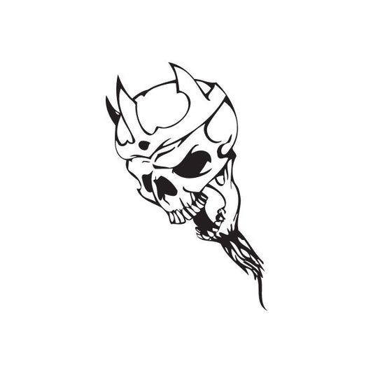 Black vinyl skull wall decal with horned, flame-style skull and dagger-like tail