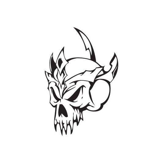 Black skull head vinyl wall decal with curved horn shapes