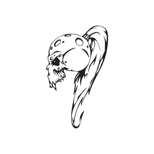 Skull wall decal with grinning skull face and spiky hair, monochrome outline