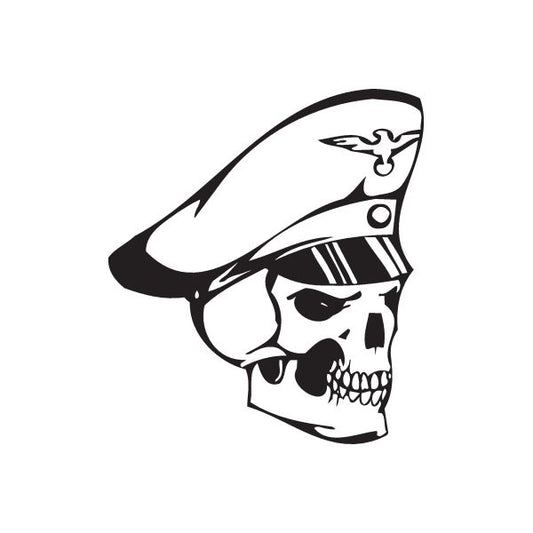 Stylized skull vinyl wall decal with hood and bow, black and white graphic