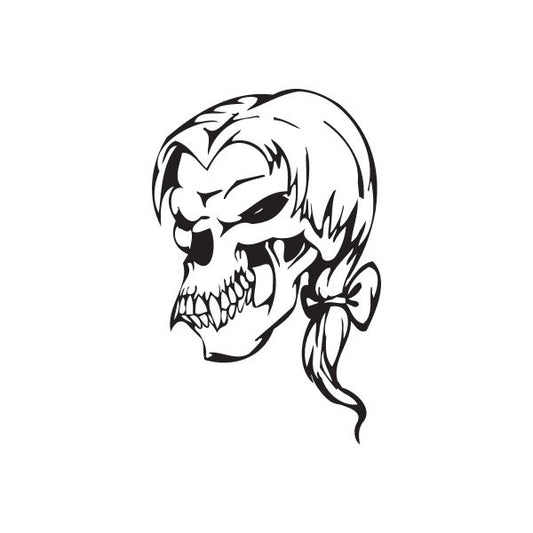 Skull head decal with braided hair, black and white line art