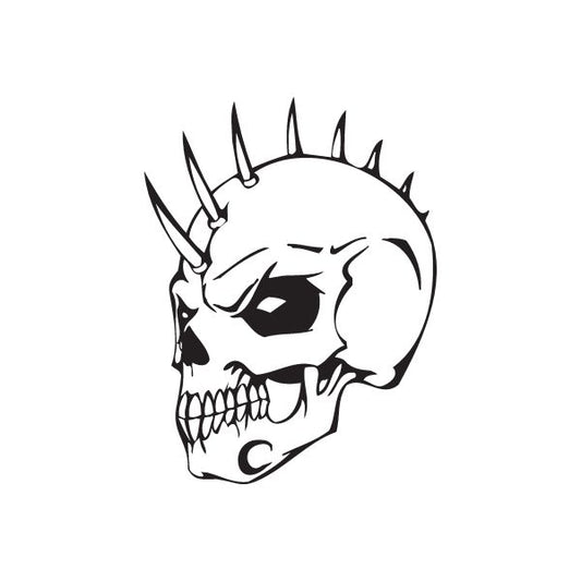 Black-and-white spiky skull vinyl wall decal with grinning teeth and horns