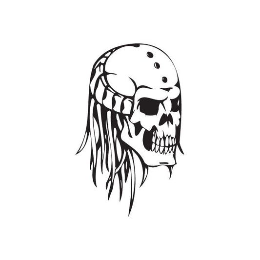 Skull wall decal: black-and-white grinning skull with flowing hair, vinyl sticker.