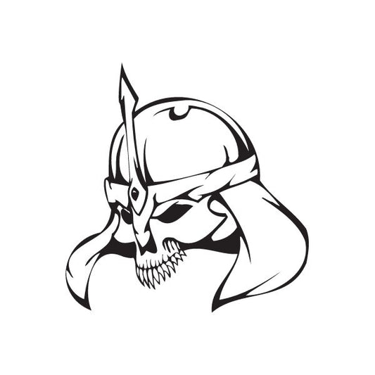 Black-and-white skull wall decal with hooded helmet and arrow spear