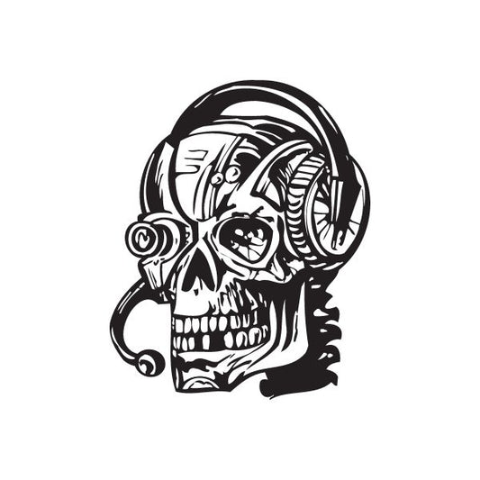 Skull wall decal sticker: skull with headphones, black-and-white vinyl design