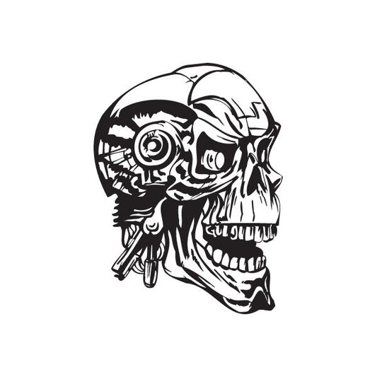 Stylized skull vinyl wall decal, black and white graffiti-style graphic