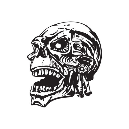Black vinyl skull wall decal with side-profile skull, intricate line art.